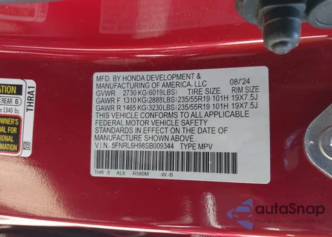 2025 Honda Odyssey Elite из США, поврежденный, VIN 5FNRL6H98SB009344